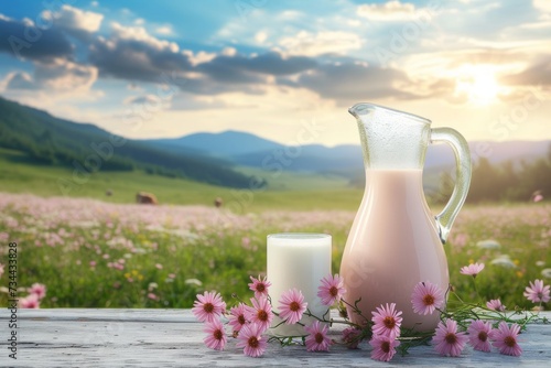 A serene outdoor scene with a pitcher of fresh milk, a glass of tea, and a bouquet of flowers adorning a table on a lush green lawn, set against a backdrop of majestic mountains and a cloudy sky