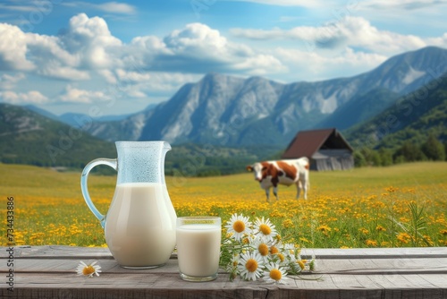 A tranquil scene unfolds as a lush field of vibrant flowers frames a quaint outdoor table, where a glass of milk and tea sit atop a pitcher and kettle, under the watchful gaze of the majestic mountai photo