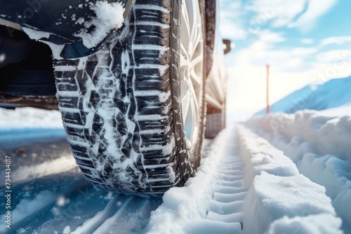 A lone tire braves the frigid winter landscape, its metalware adorned with chains as it traverses the snowy road under a bleak sky