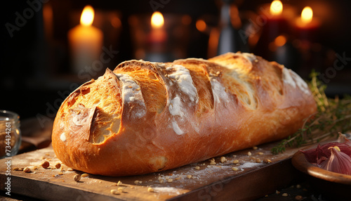 Freshly baked bread on rustic table, flame adds warmth generated by AI