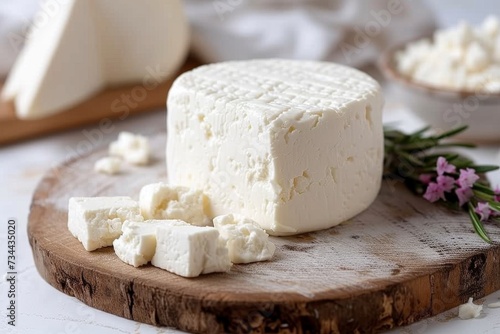 A mouth-watering assortment of artisanal cheeses, from creamy havarti to tangy pecorino romano, displayed on a rustic wooden board alongside fresh plants, evoking the essence of a cozy indoor picnic