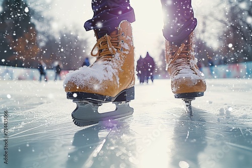 Gracefully gliding over frozen water, a person's feet clad in ice skates navigate the snowy winter wonderland with ease