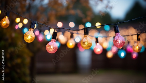 Bright, glowing Christmas lights illuminate the night, decorating the tree generated by AI