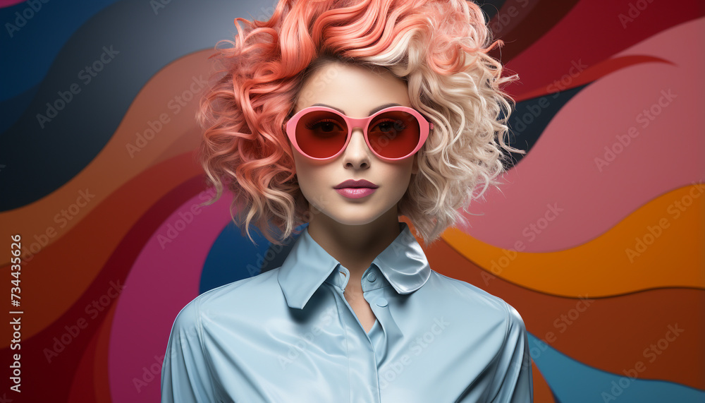 A fashionable young woman with blond hair and sunglasses, looking at the camera with a cute smile generated by AI A fashionable young woman with blond hair and sunglasses, looking at the camera with a cute smile generated by AI