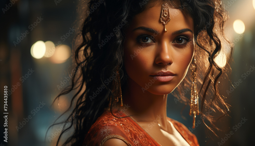 Beautiful young woman with long brown hair looking at camera generated by AI Beautiful young woman with long brown hair looking at camera generated by AI