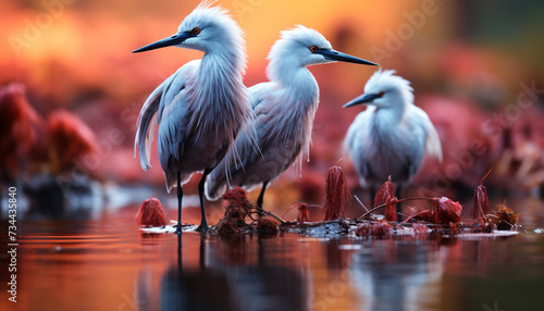A group of egrets perching on a branch in the swamp generated by AI photo