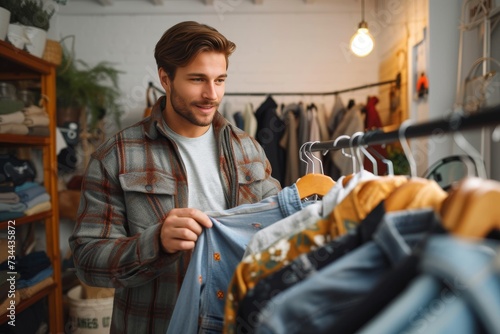 A man stands in a cluttered clothing store, his face reflecting the overwhelming choices as he sifts through racks of jeans and shelves of shirts