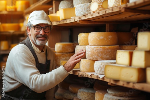A proud man donning a traditional hat smiles as he poses with the fruits of his labor - a variety of homemade cheeses including parmigianoreggiano and toma, showcasing his love for dairy and the art 