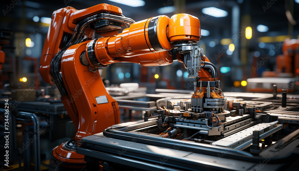 Automated robotic arm welds metal in futuristic manufacturing industry generated by AI