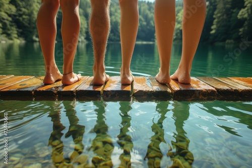 A tranquil summer scene captures a group of people gathered on a dock over the shimmering waters of a lake, surrounded by lush trees and a lone boat, reflecting the carefree essence of outdoor fun an photo