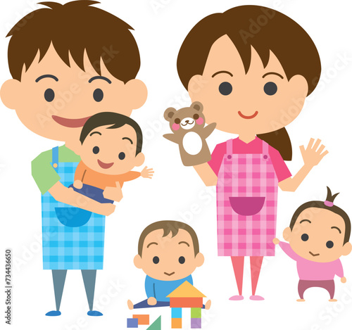子供達と遊ぶ保育士の男女