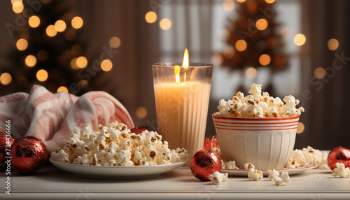 Cozy living room, illuminated by glowing Christmas tree and candle generated by AI