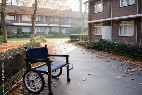 A lone wheelchair rests on the outdoor driveway, surrounded by the autumn leaves and parked bicycles, symbolizing both independence and stillness in the face of change