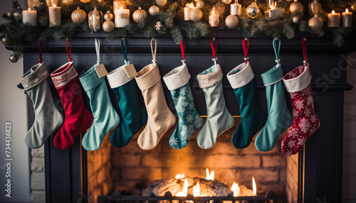 Cozy winter celebration  stockings hanging, fire burning, Christmas tree glowing generated by AI