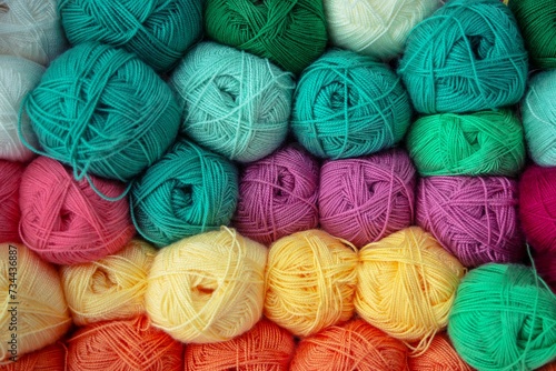 Ovillos de lana de muchos colores pastel expuestos en tienda photo