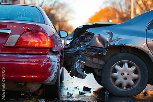 Amidst a chaotic scene of red and broken auto parts, a parked car stands with its damaged bumper and tire, a testament to the power and unpredictability of land vehicles