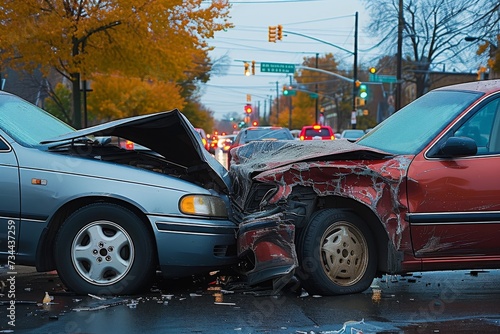 A family car lies in ruins on the street after a violent collision, its wheels and tires scattered among broken auto parts, a heartbreaking reminder of the dangers of the road