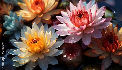 Vibrant lotus flower blossoms in tranquil pond, symbolizing beauty generated by AI