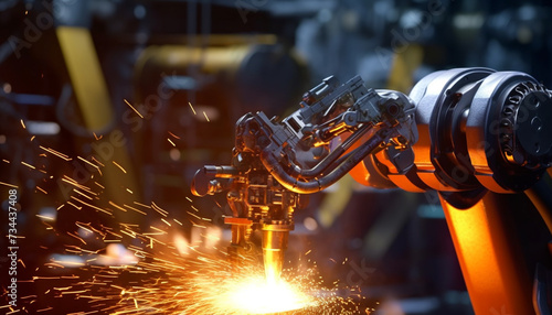 Metal workers in a steel factory operate machinery, welding with skill generated by AI