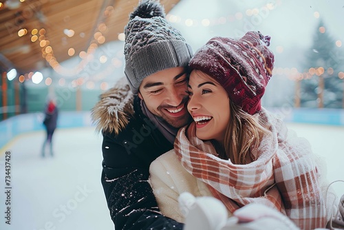Amidst the frosty winter landscape, a couple's embrace radiates warmth and joy, their rosy cheeks and bundled attire adding to the picturesque scene of an outdoor ice skating rink © LifeMedia