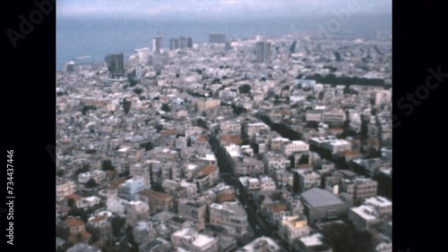 Tel Aviv From Shalom Meir Towers 1975 - The camera pans across Tel Aviv, Israel from the Shalom Meir Towers, the first skyscraper built in Israel, in 1975. 