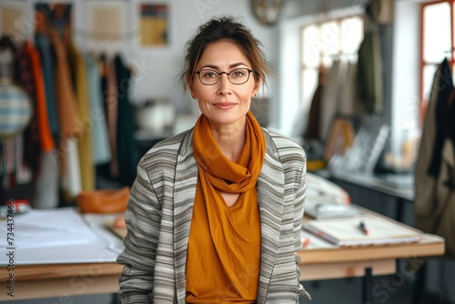 A fashionable woman stands confidently in a store, her grey and white jacket complimenting her human face framed by glasses and a scarf, against a wall adorned with art, showcasing her impeccable sen