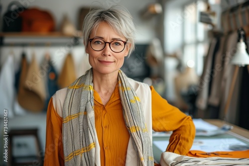 A stylish woman exudes confidence as she smiles brightly, her face framed by a pair of orange glasses and a chic scarf, showcasing her impeccable taste in fashion
