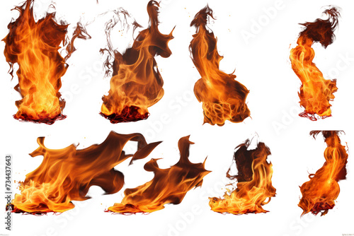 set Fire flames isolated on transparent and white background.PNG image 