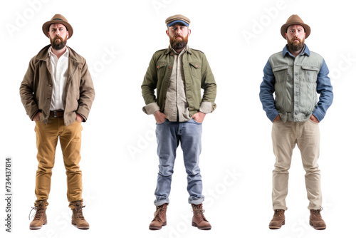 same man in different style clothes isolated on transparent and white background.PNG image 