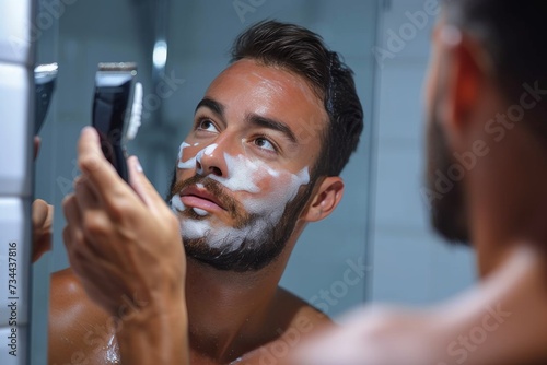 A man gazes at his reflection in the bathroom mirror, his human face contorted with determination as he flexes his muscular chest and grips the razor, a tool in his quest for perfection