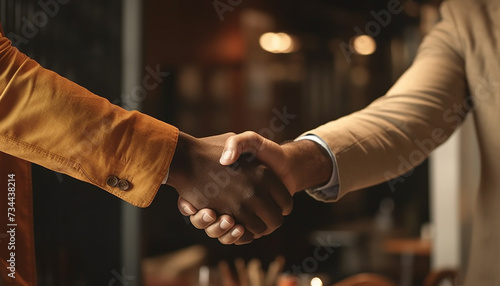 Businessman and businesswoman shaking hands in office, signifying partnership and success generated by AI