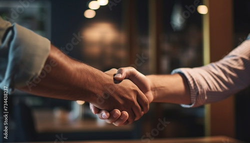 Businessmen shaking hands in a successful partnership agreement indoors generated by AI