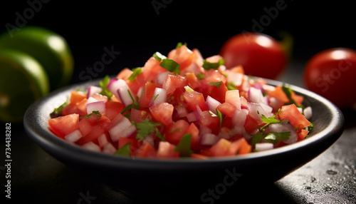 Fresh vegetarian salad with sliced tomato, onion, and cilantro on wood generated by AI
