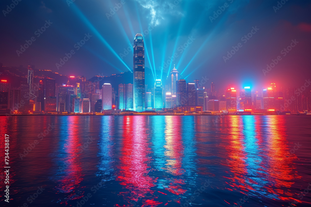 The dynamic skyline, illuminated by a symphony of lights, showcasing the city's modernity and vibrant energy. Concept of urban brilliance. Generative Ai.