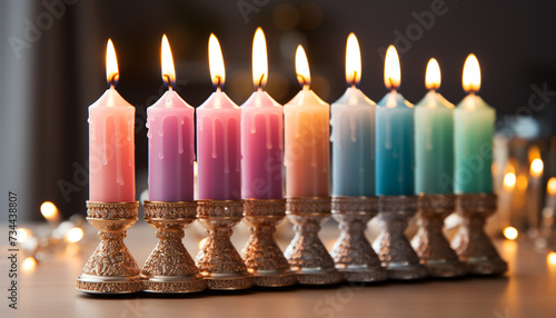 Candles burning, glowing flame illuminates spirituality in religious celebration generated by AI