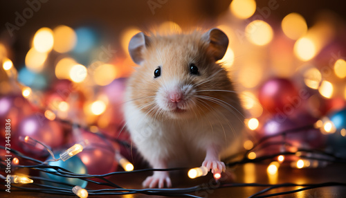 Cute small mammal looking at camera with glowing Christmas lights generated by AI