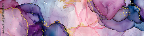 Banner with fluid art texture. Backdrop with abstract mixing paint effect. Liquid acrylic artwork that flows and splashes. Mixed paints for interior poster. Blue, pink, gold and white colors photo