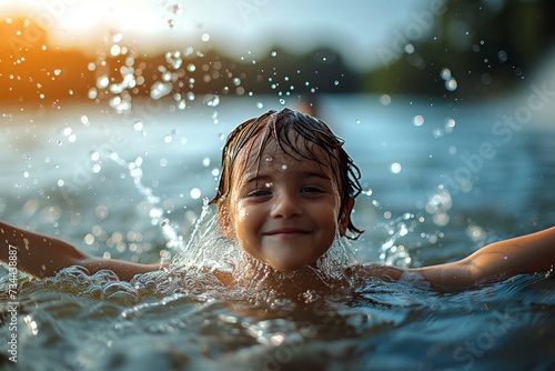 A young boy joyfully embraces the freedom of the water as he swims outdoors, his human face beaming with pure delight © LifeMedia