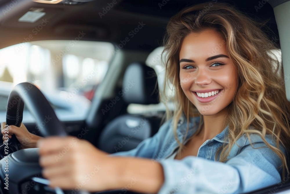 A joyful woman in stylish clothing smiles brightly at the camera while sitting in the driver's seat of a car, her hand resting on the steering wheel and her reflection visible in the rearview mirror A joyful woman in stylish clothing smiles brightly at the camera while sitting in the driver's seat of a car, her hand resting on the steering wheel and her reflection visible in the rearview mirror