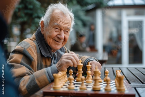 Amidst the tranquility of nature, a wise elder engages in a strategic battle of the mind, carefully moving his chessmen on the board as his face reflects a lifetime of experience and cunning