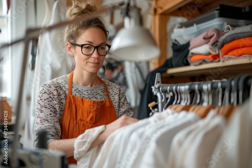 A stylish woman confidently showcases the latest fashion trends in front of a row of colorful clothing, her glasses adding a touch of sophistication to her look