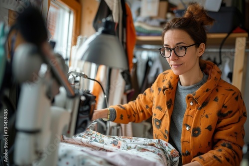 A skilled woman creates wearable art with precision and grace, her glasses reflecting the determination in her human face as she sews on her trusty machine indoors