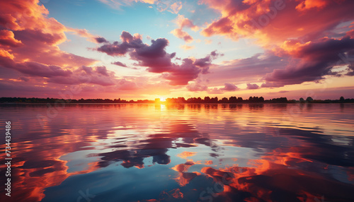 Sunset over water  nature reflection in tranquil dusk generated by AI