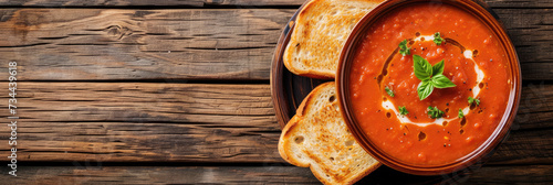 tomato soup and bread slices on wooden table 