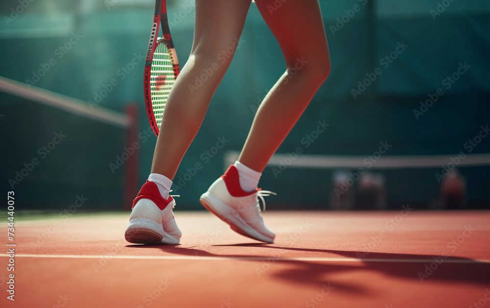 Female legs in a short skirt on the tennis court with professional red racket