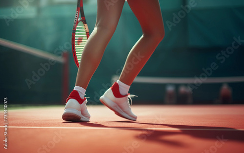 Female legs in a short skirt on the tennis court with professional red racket