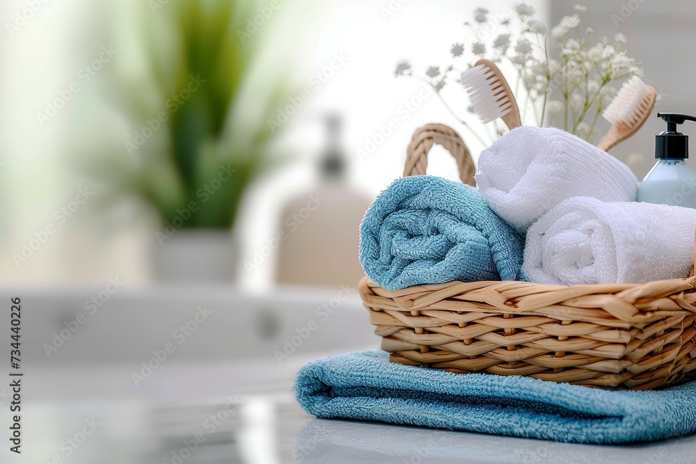 A wicker basket overflowing with soft towels and a toothbrush sits atop a flowerpot, doubling as both a storage basket and a stylish indoor decor piece perfect for a cozy picnic A wicker basket overflowing with soft towels and a toothbrush sits atop a flowerpot, doubling as both a storage basket and a stylish indoor decor piece perfect for a cozy picnic