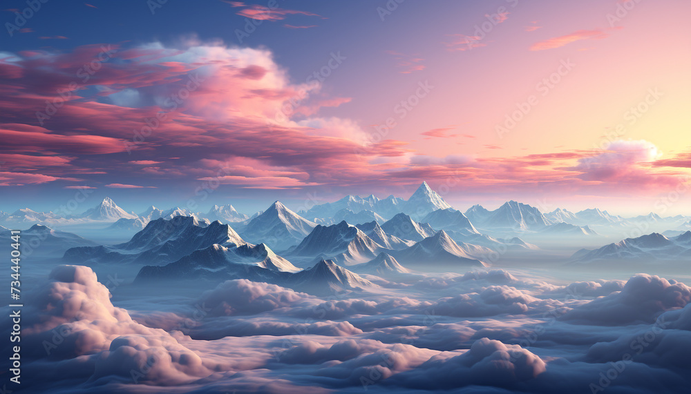 Majestic mountain peak, sunset sky, tranquil autumn landscape generated by AI