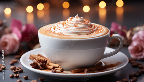 Hot drink, coffee cup, saucer, milk, chocolate, dessert, frothy drink generated by AI