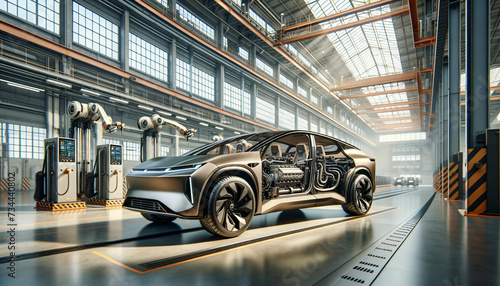 Sleek hybrid vehicle in futuristic warehouse, showcasing advanced engineering and eco-friendly design. photo